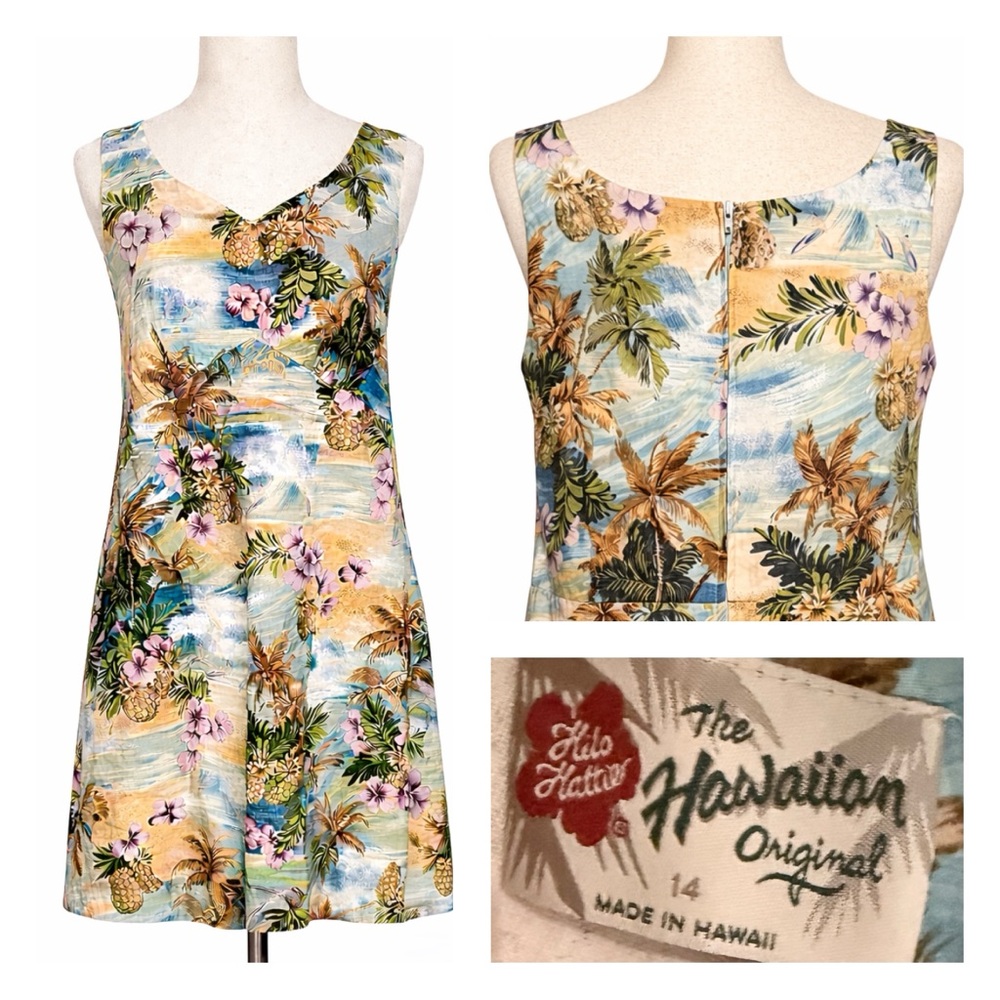 Hilo Hattie vintage Hawaiian sheath dress- surfers, flowers and pineapples XL